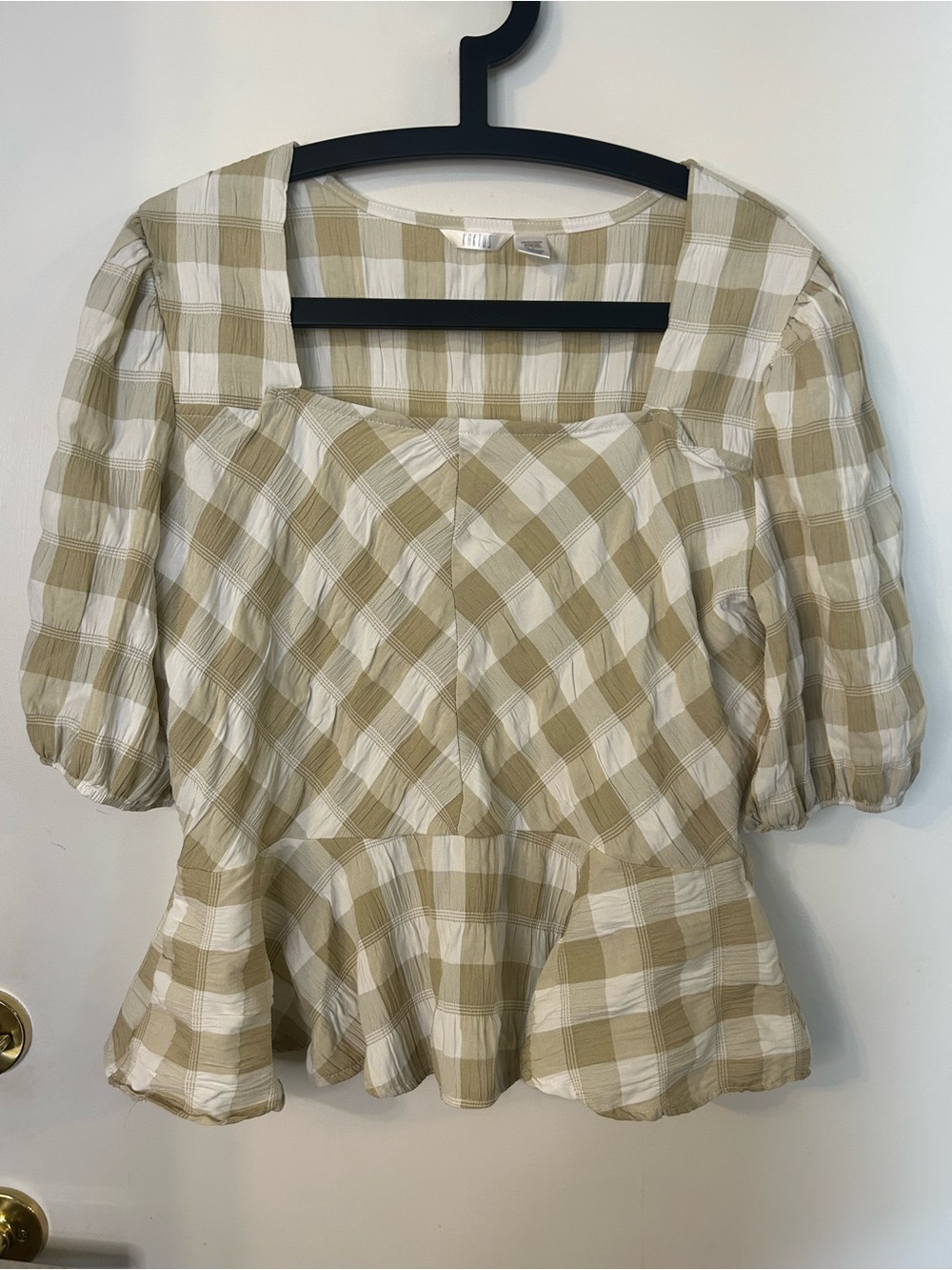 Kaktus Beige and White Plaid Square-Neck Women’s Peplum Blouse Size L